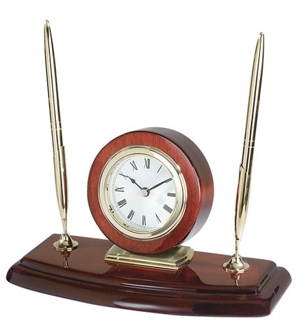Personalized Free Engraving Cherry Finish Wooden Desk Clock with Two Pens - GiftsEngraved